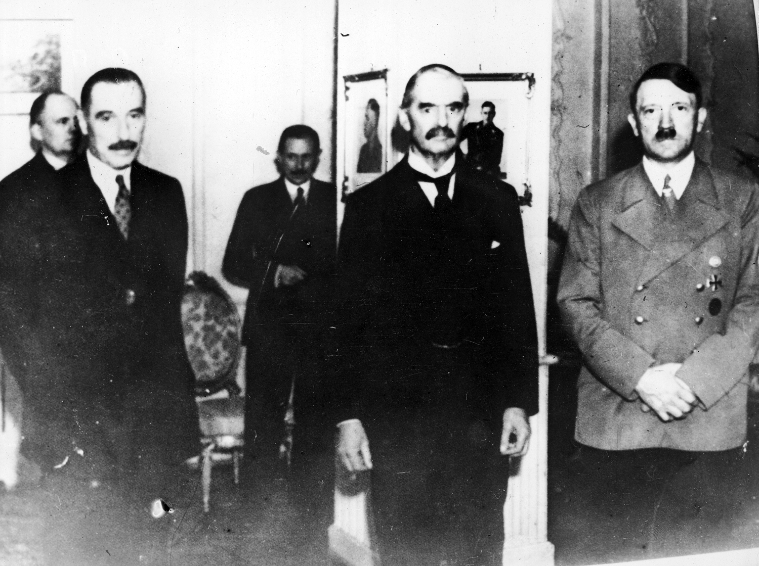 Adolf Hitler and Neville Chamberlain pose during their meeting in the Rheinhotel Dreesen in Bad Godesberg